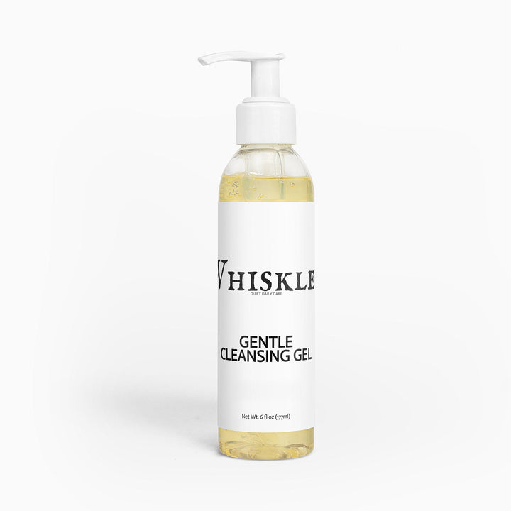 Whiskley Gentle Cleansing Gel bottle on a warm white studio background