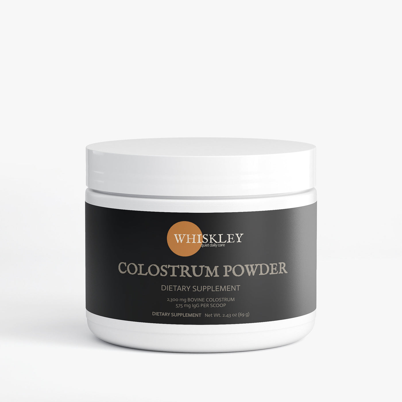 Whiskley Colostrum Powder jar shown from the front on a white background