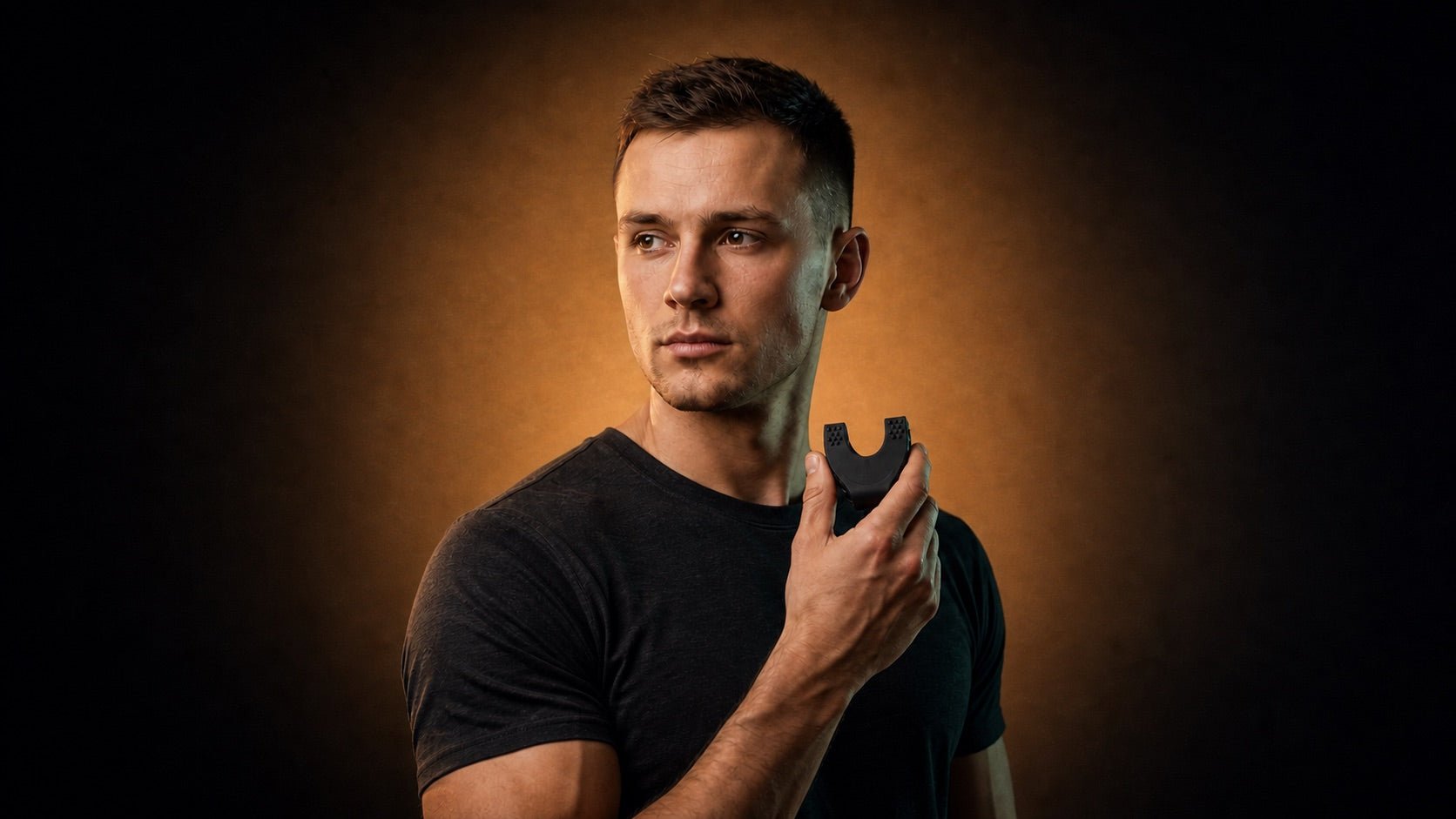 Man holding a compact black resistance trainer at chest height