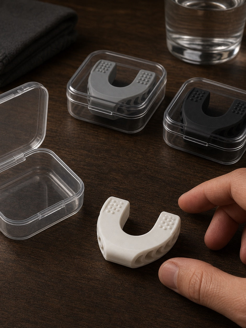 White beginner resistance trainer beside an adult hand, with grey and black levels stored in clear cases